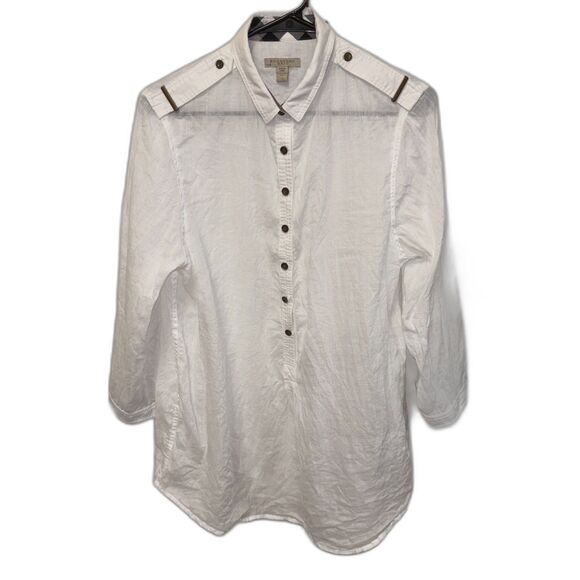 Burberry Brit White NovaCheck Tunic Top 3/4 Roll Tab Sleeve Ramie Blouse XL - Picture 14 of 14